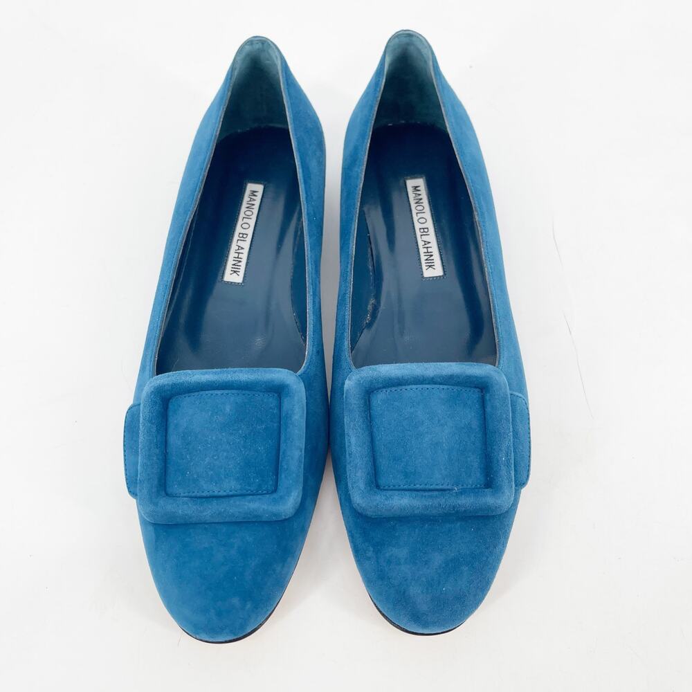 Manolo Blahnik Maydi Turquoise Suede Decorative Buckle Almond Toe Flats IT 37 - Picture 6 of 14